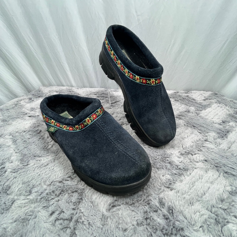 Daniel Green Suede Embroidered Clogs Womens Size 6 Black‎ Floral Slip On Mules